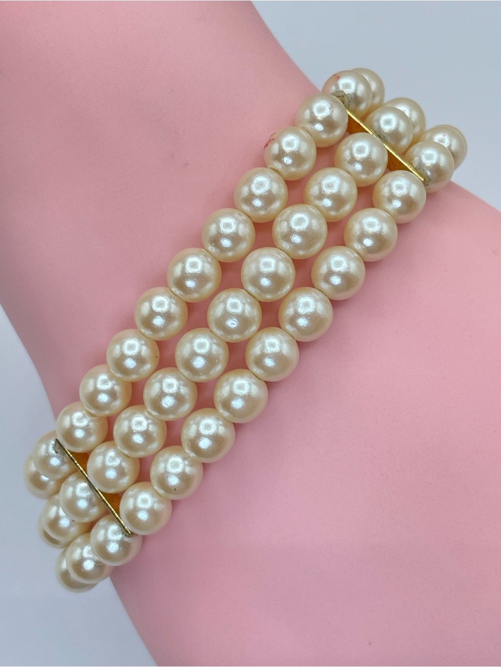 Vintage Triple Strand Faux Pearl Bracelet Gold Tone Box Clasp